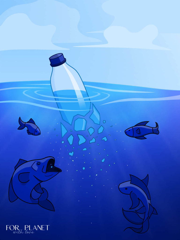 ryby zjadające mikroplastik z rozkładającej się w wodzie butelki plastikowej